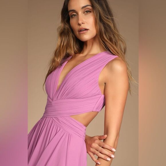Lulus Vivid Imagination Lilac Pink Cutout Maxi Chiffon V Neck Dress Small NEW - Picture 3 of 16